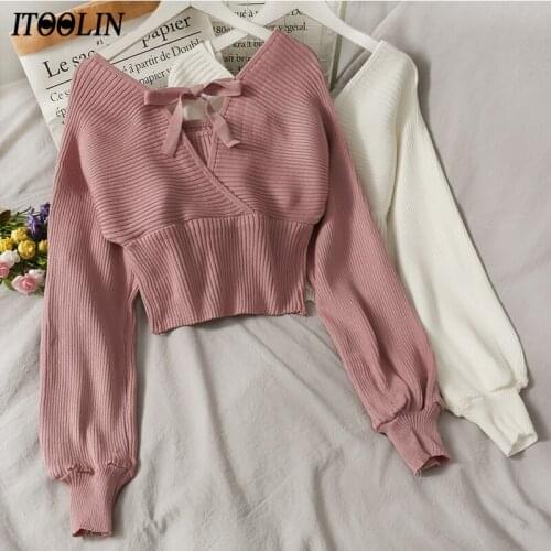 ITOOLIN Winter Women Pink Short Slim Party Sweater V-neck Lantern Sleeve Backless Sweaters Lace-up Sexy Solid Elastic Pullover