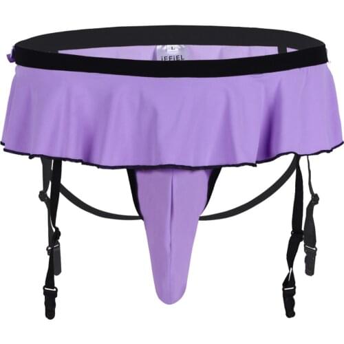 Mens Lingerie Brief Ruffled Trim Bowknot Underpants Elastic Waistband Bulge Pouch Open Butt Panties With Adjustable Garters Belt