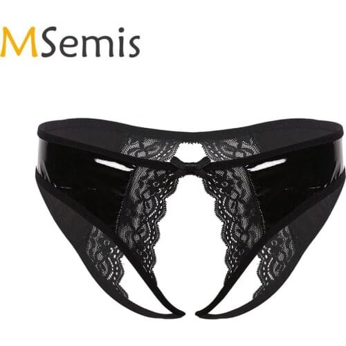 MSemis Women Open Crotch G-String Sexy Thong Underwear WetLook Patent Leather Lingerie Open Butt Panties with Lace Cheeky Briefs