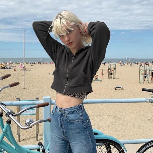 Women Y2K Aesthetic Casual Loose Zip Up Hoodies Vintage Solid Color Long Sleeve Hooded Crop Top Sweatshirts Fashion Streetwear