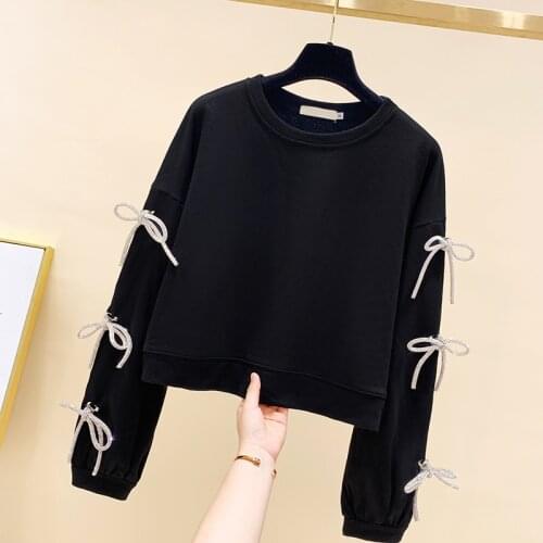 Bow Bandage Diamond Sweatshirt Womens 2020 Autumn and Winter New Black Korean Style Round Neck Loose Short Pullover Top Hoodie