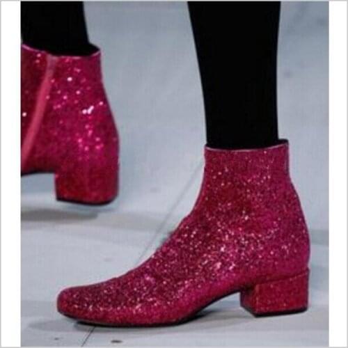 Beautiful T-stage Women Glitter Ankle Boots Square Heels Sparkly Booties Fall Winter Feminino Botas Red Silver Gold Shoes Woman