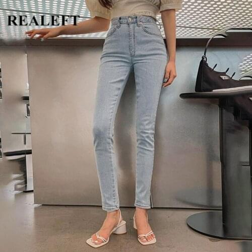 REALEFT Autumn 2021 New Blue Womens Jeans Mid Waist Denim Pencil Pants Retro Washed Streetwear Slim Trousers Chic Split Female