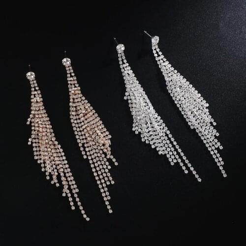 New design Long Crystal Shiny Rhinestone Double-deck Dangle Earrings Pendientes for Women Statement Party Jewelry E686
