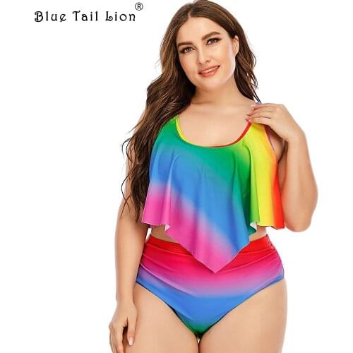 Swimsuit Woman 2021 European and American Bikini Rainbow Print Gradient Plus-Size Ruffled Swimsuit Woman L-5XL