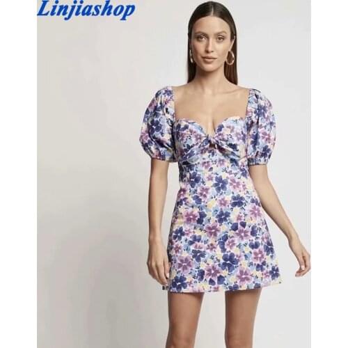 Chic Floral Puff Short Sleeve Dress Women Summer Short Print Dress Square Collar Female Mini Dress 2021 New Arrivals