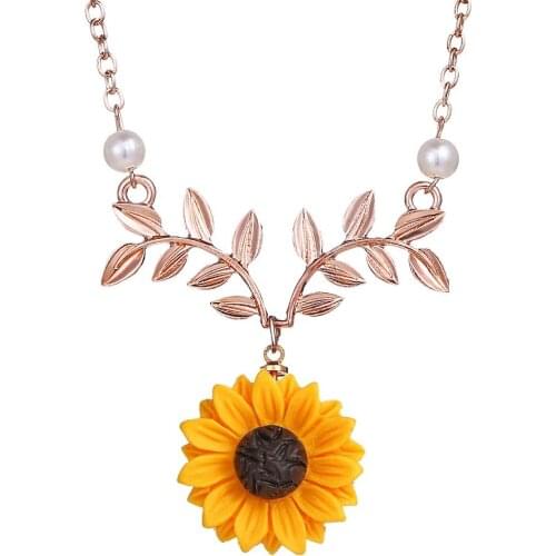 Poputton Fashion Silver Color Sunflower Necklace for Women Rose Gold Color Sun Flower Pendant Jewelry Imitation Pearl Necklace
