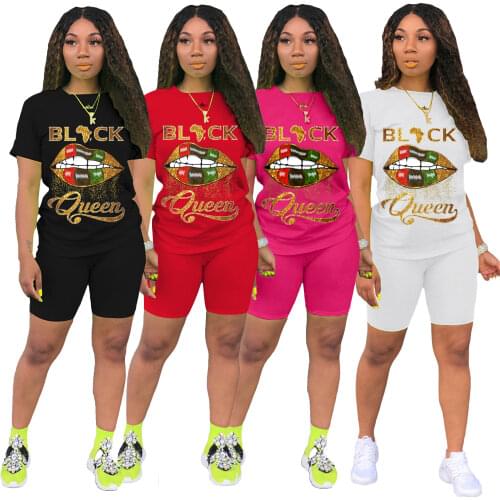 2021 New Women Sport Black Queen Lips Two Piece Set T-shirt Tops Knee Length Jogger Sweatpant Suit Tracksuit Set Outfits