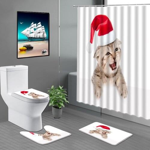Cute Cat With Red Christmas Hat 3D Bathroom Curtain 4PCS Set Shower Curtain Bath Mats Rug Carpet Toilet Decor Bathroom Products