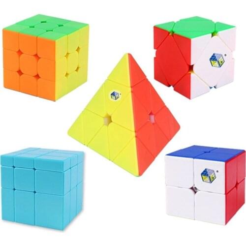 5 IN 1 5Pcs Gift Set 2x2x2 3x3x3 Pyramid Tetrahedron Mirror Skew Speed Magic Cube Twist Puzzle Brain Teaser IQ Game Stickerless