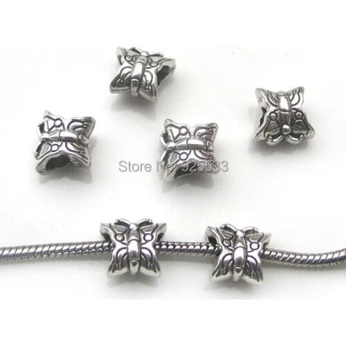 Free Shipping 50pcs 13x12x8mm antique silver plated alloy new butterfly big hole beads fit European bracelet necklace DIY