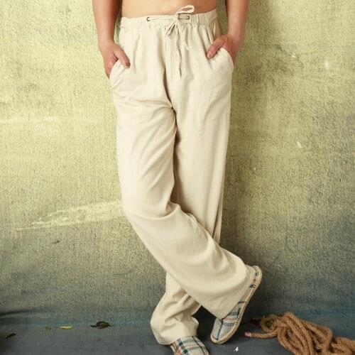 Mens Linen Cotton Pants Full Length Summer Loose Light Casual Linen Trousers Man Leisure Home Comfortable Pants Male PT-196
