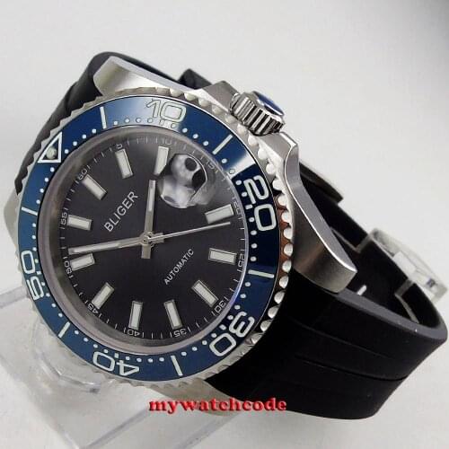 40mm Bliger Black Dial Date window Sapphire Glass blue Ceramic Bezel rubber strap Automatic Movement mens Watch