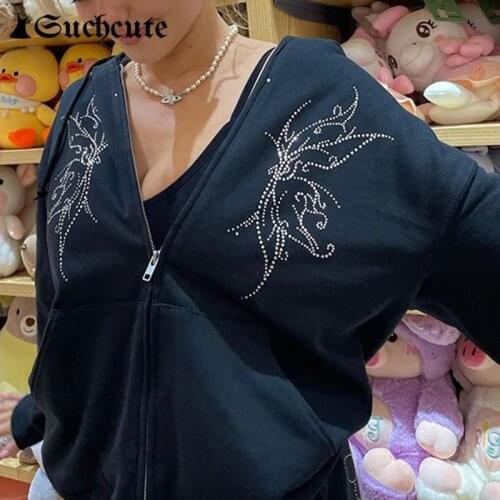SUCHCUTE Butterfly Print Black Sweatshirts Gothic Clothes Hooded Hoodies Harajuku Long Sleeve Zipper Casual Vintage Y2K Coat