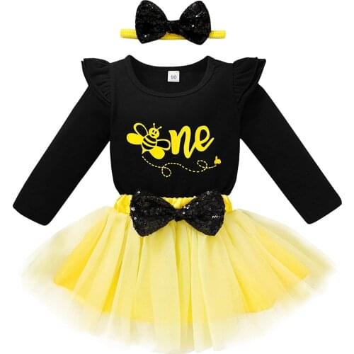 Baby Girls One 1st Birthday Outfit Bee Sunflower Romper Tulle Tutu Skirt Sequin Bow Party Clothes Set Black Long Sleeve