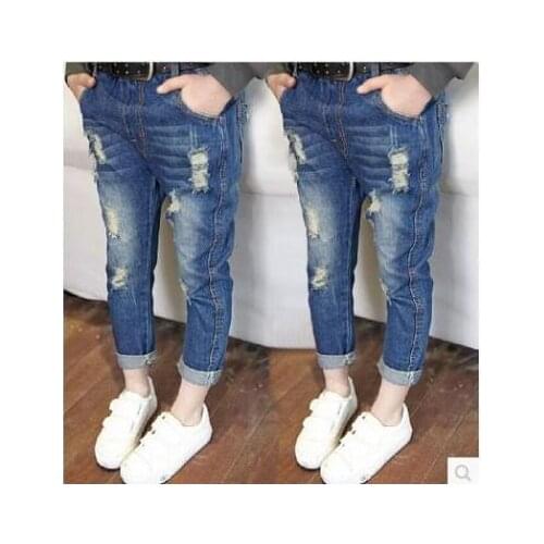 Kids Jeans Pants For Boys Girls Fashion Holes Denim Trousers Children Jeans Elastic Waist Denim Pants