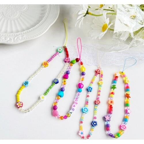 Ethnic Style Colored Clay Mobile Phone Lanyard New Summer Beaded Wristband Mobile Phone Chain For Women Girls-28CM 1pc 8 Colors