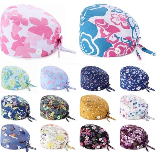 Prints Cotton Printing Surgical Cap Unisex Adjustable Nurse Cap Buckle Elastic Beauty Hats Baotou Cap Fashion Doctor Hat 2021