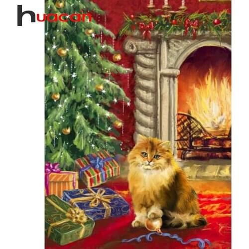 Huacan Full Round Diamond Mosaic Embroidery Christmas Cat 5D DIY Diamond Painting Picture Of Rhinestones Decor Kit
