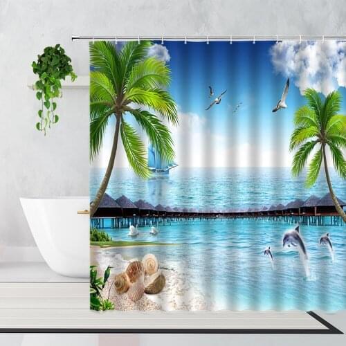 Beautiful Holiday Beach Scenery Shower Curtain Dolphin Wooden House Sailing Home Decor Background Cloth Waterproof Bath Curtain