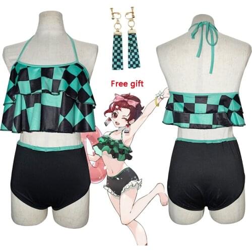 Anime Kamado Tanjirou Swimsuit Demon Slayer Kimetsu no Yaiba Bikini Beach Swimsuits Set Bathing Suit for Girl Women Summer
