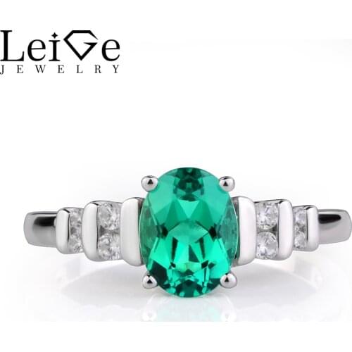 Leige Jewelry Green Emerald Ring Oval Cut Gemstone Engagement Wedding Rings for Women May birthstone Sterling Silver 925