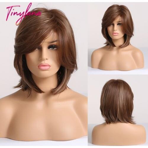 TINY LANA Synthetic Hair Bob Wig with Side Fringe Mixed Brown Color Natural Hairline Heat Resistant Work Party Wig for Women