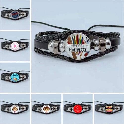 Merci Maitresse Super Maitresse Bracelet Glass Convex Multilayer Braided Leather Bracelet Thank You Teacher Picture Bracelet
