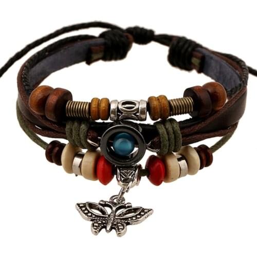 Fashion Vintage Beads Butterfly Charm Cuff Bracelet Cute Animal Leather Bangle Wrap Wristband Girl Kids Child Women Jewelry Gift