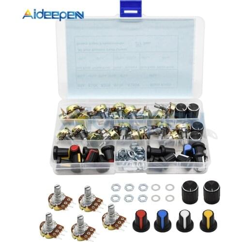 WH148 Potentiometer Kit B1K 2K 5K 10K 20K 50K 100K 500K 1M 15mm Linear Taper Rotary Potentiometer Resistor Set 3pin with Cap