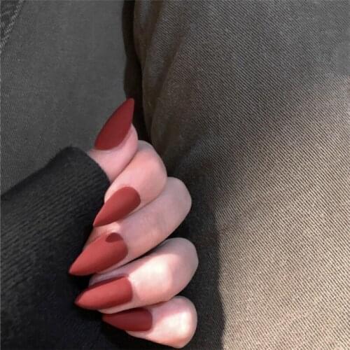 American punk style Matte long-pointed red pure color false nails 24pcs lady full nail tips cute bride fake nails Japanese