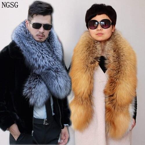 NGSG Lady Genuine Natural Fox Fur Scarf Couple Fur Scarfs Collar Men Winter Warm Luxury Fluffy Real Silver Fox Scarves Shawl
