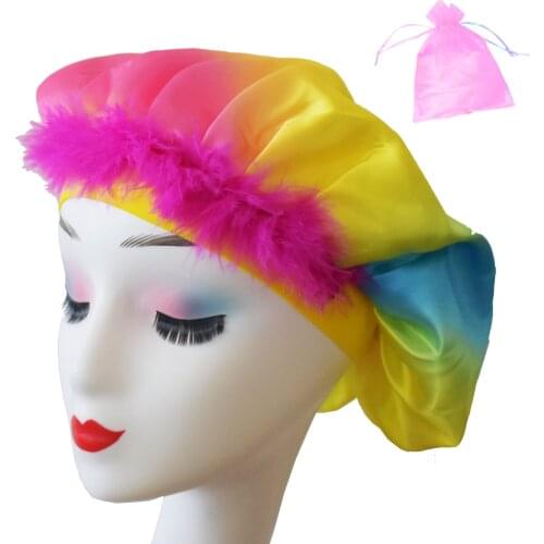 New fashion wide band rainbow silk hair sleeping satin bonnets hat with feather packing bag