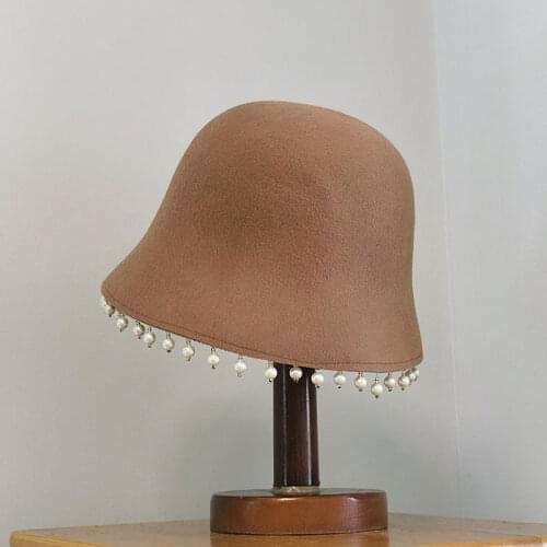 Autumn Winter Korea Catwalk Style 100% Wool Pearl Tassel Lady Bucket Cap Lady Casual Basin Cap Bucket Fishing Hat Sombrero Mujer