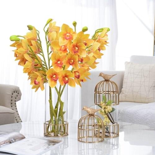 Luxurious Home Decor Accessories Art Vase Flower Vases Ornaments Golden Metal Birdcage Shape Plants Holder Glass Container