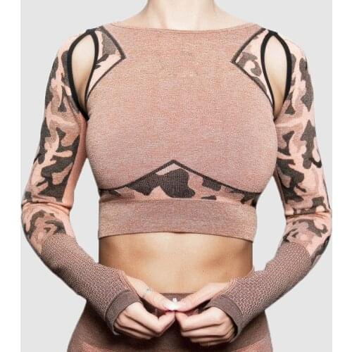 SALSPOR Women Camo Seamless Long Sleeves Sport Shirts Shark Fitness Hollow Out Cropped Yoga Top Gym Stretch Tight Workout Tops