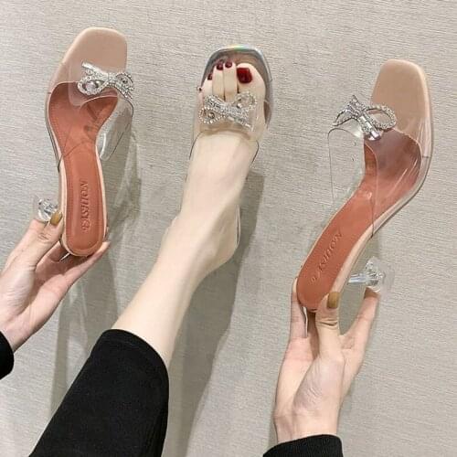 Transparent sandals women crystal bow knot slippers high heels slides female clear summer shoes rhinestone flip flops size 42