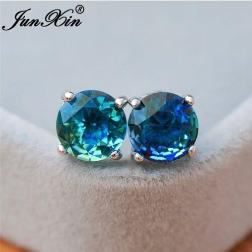 Cute Mystic Fire Crystal Stone Round Stud Earrings For Women White Gold Rainbow Blue Green Zircon Double Earrings Wedding
