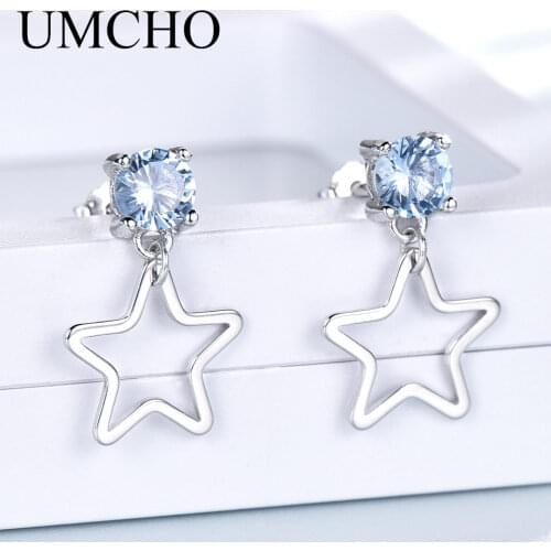 UMCHO 925 Sterling Silver Earrings Created Nano Sky Blue Topaz Stat Gemstone Drop Earrings For Women Gift Fine Jewelry