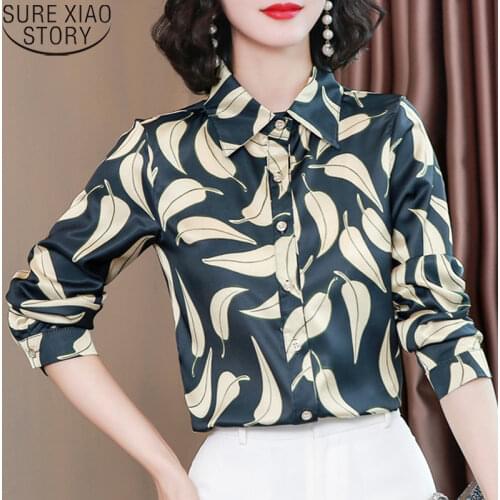 Silk Shirt Autumn Fashion Long Sleeve Shirts Women Plus Size S-4XL Blusas Mujer De Moda 2021 Leaves Print Blouses Clothes 10724