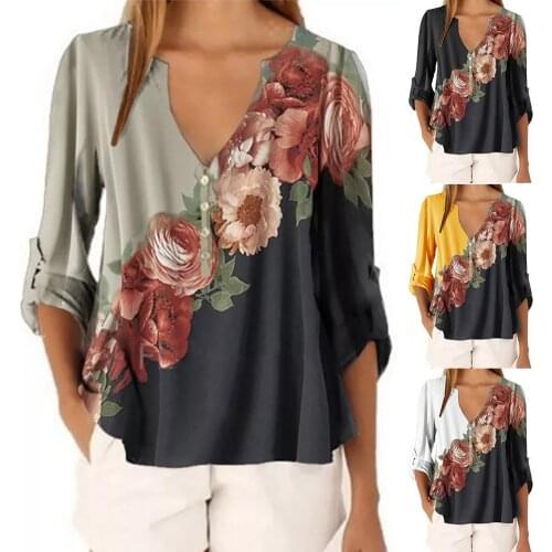 2020 new autumn Women Fashion Sexy V Neck Flower Print Casual Long Sleeves Top Shirt Female fashion shirt Tops Plus Size