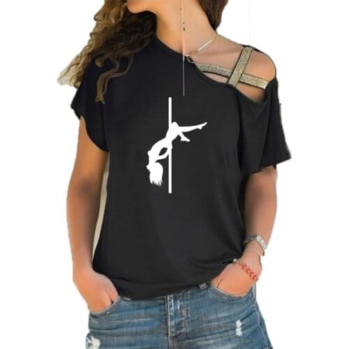 Women Sexy Pole Dancing Girl graphic t shirt Short Sleeve female fashion new tshirt Irregular Skew Cross Bandage tee tops