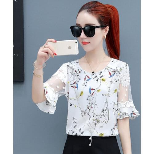 Simple Style Women Spring Summer Chiffon Blouses Shirts Lady Casual Mesh Patchwork Flare Sleeve O-Neck Blusas Tops DD1707
