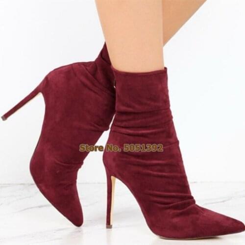 Women Suede Pointed Toe Sock Short Boots High Thin Heel Stiletto Boots Casual Office Ladies Pumps Big Size
