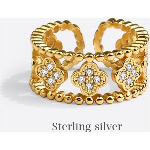 Season Gate 925 Sterling Silver Elegant Zicon Four-leaf Clover Adjustable Size Open Ring For Women SR211