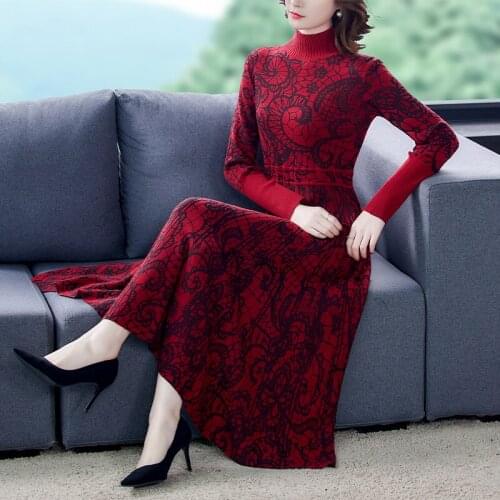 Autumn Red Floral Elegant 3XL Plus Size Turtleneck Wool Sweaters 2021 Winter Vintage Casual Knitting Women Bodycon Sweater Dress