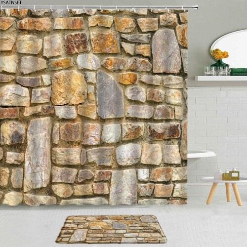 2Pcs Retro Stone Wall Shower Curtain Color Brick Printing Pattern Non-Slip Carpet Bath Mat Bathroom Cloth Curtains Set Washable