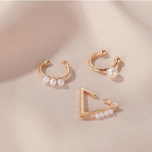 3 PCS Open Geometric Circle Sweet Cute Ear Cuff Non Pierced Clip Earring Trendy Simple Small Gold Color Simulated Pearl Earrings