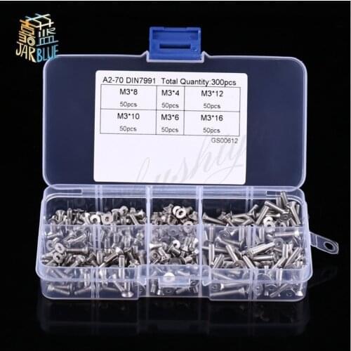 300pcs/set M3 Hex Socket Screws Flat Head Screw Assortment Set Stainless Steel SS304 Screw Fastener Hardware
