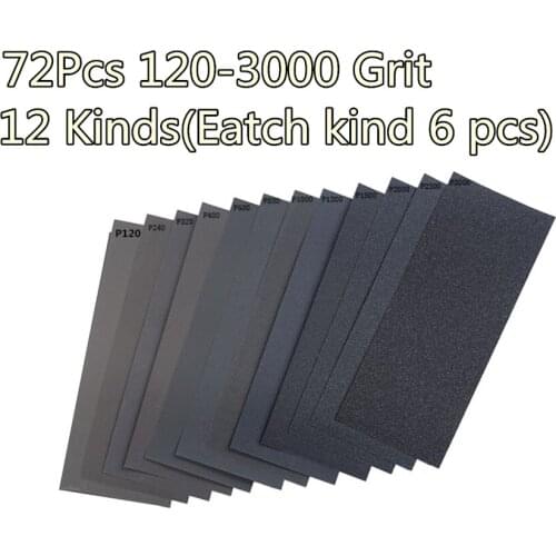72Pcs/Set Wet Dry Sandpaper 120-3000 Grit Assortment Abrasive Sanding Paper